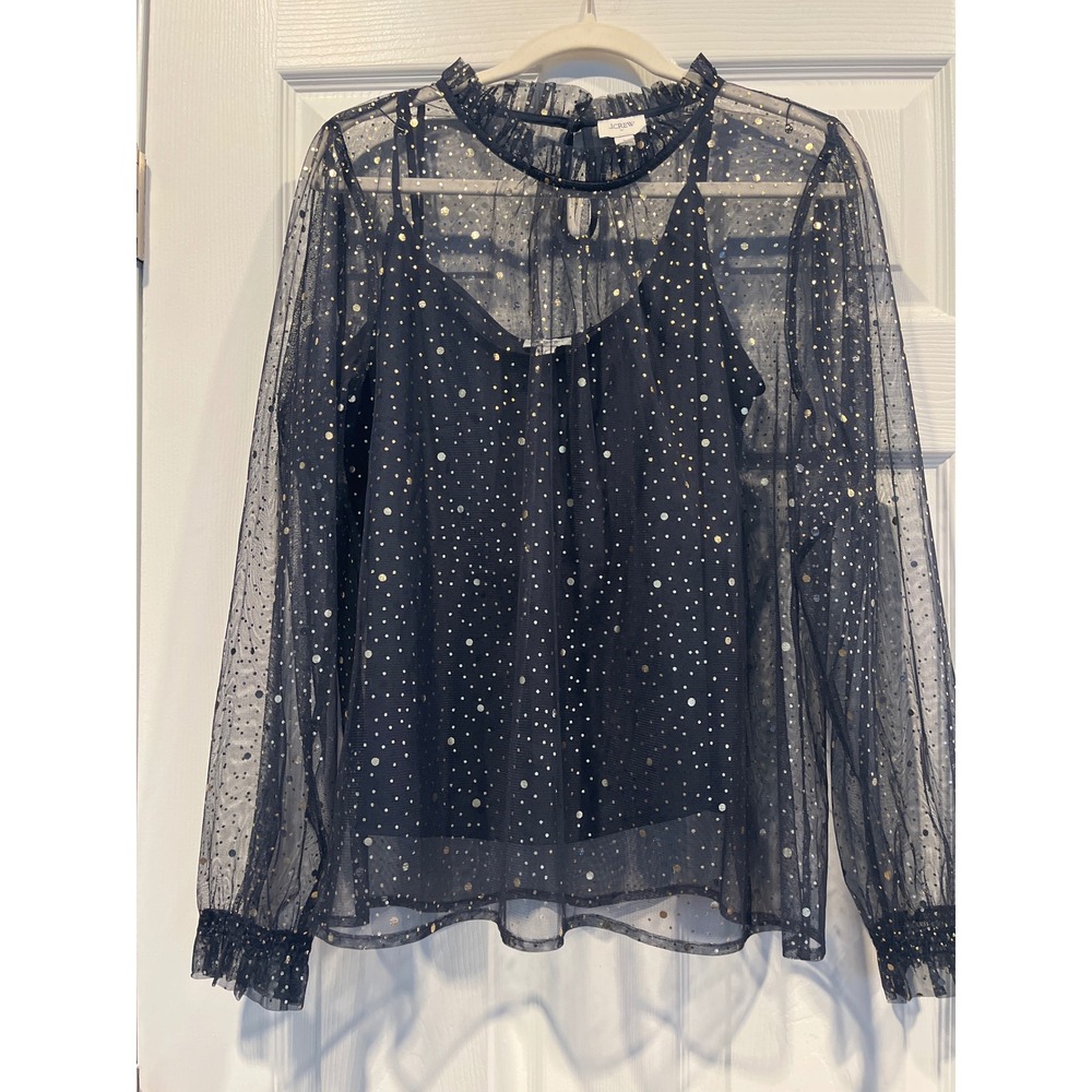J.Crew Navy Blue Gold Foil Polka Dot Sheer Mesh RuffleBlouse with Camisole L